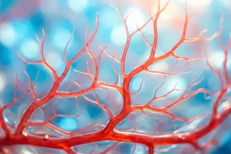 Microscopic visualization of new, healthy blood vessels branching out through the process of angiogenesis.