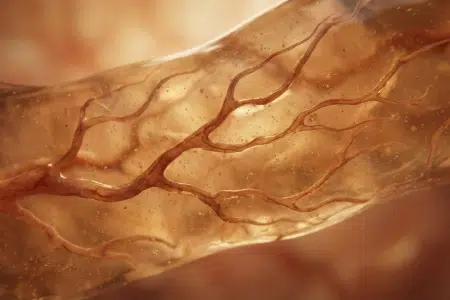 Microscopic view of tiny capillaries clogged by systemic inflammation and high blood sugar, starving a nerve.