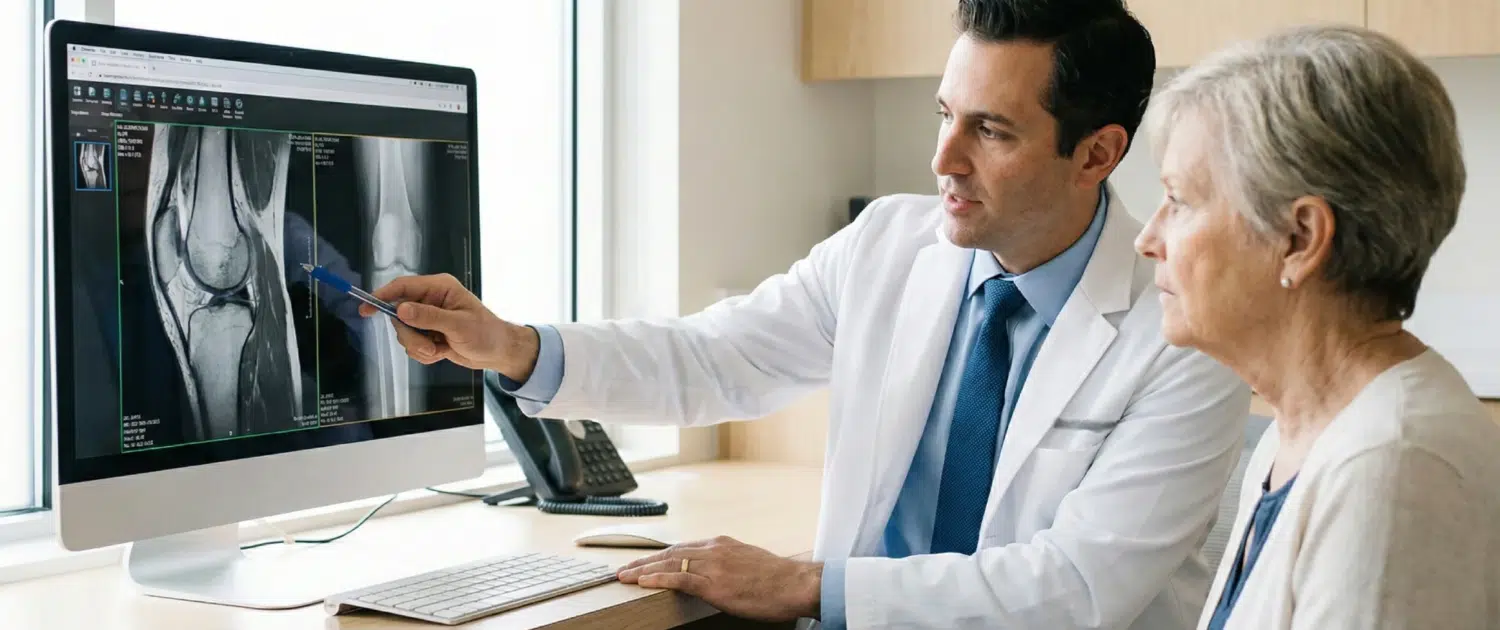 Dr. David Magnano consulting with a patient about non-surgical knee restoration options at Vitality Medical.