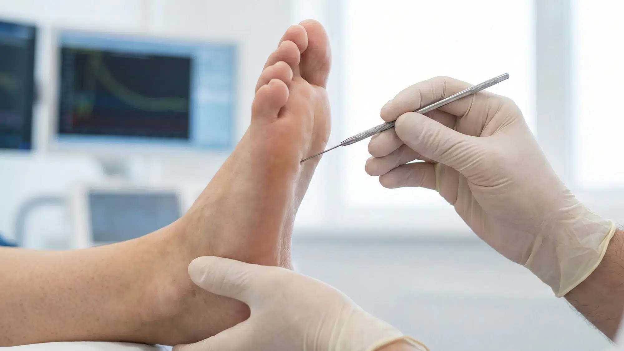 A doctor performing a 16-point sensory evaluation on a patient's foot using specialized medical tools to map nerve dysfunction.