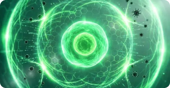 Medical illustration representing neurogenic longevity, showing a healthy human cell protected by a high-tech green bio-field deflecting threats, symbolizing cellular optimization, prevention, and reversing biological age.