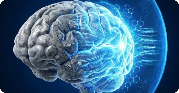 Medical illustration showing neurogenic recovery: a blue regenerative energy shield protecting a human brain from plaque and decay, symbolizing the halting of neurodegenerative disease progression like Alzheimer’s and MS.