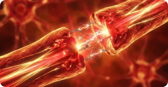 Close-up medical illustration of neurogenic treatment showing structural nerve repair, with red regenerative energy and micro-bots reconnecting a severed neural pathway, illustrating recovery from stroke, TBI, or neuropathy.