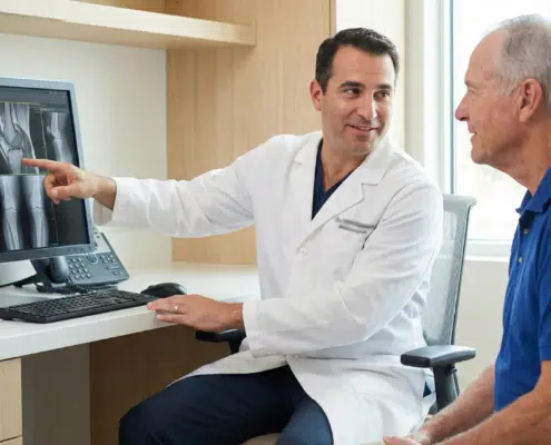 A regenerative care doctor reviews knee X-ray images with a senior patient prior to regenerative knee injections in Tampa, Florida.