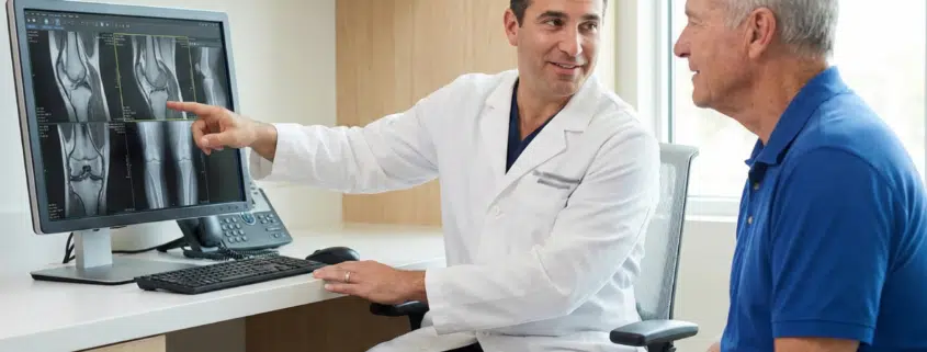 A regenerative care doctor reviews knee X-ray images with a senior patient prior to regenerative knee injections in Tampa, Florida.