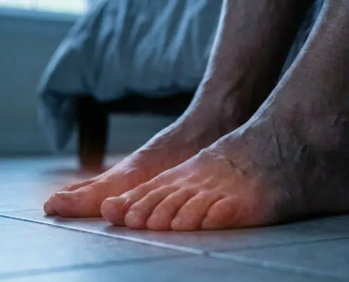 Close-up of bare feet on a floor in a dimly lit bedroom, representing the burning pain and sleepless nights caused by neuropathy.