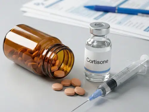 A prescription pill bottle and a cortisone injection syringe representing traditional knee pain management.