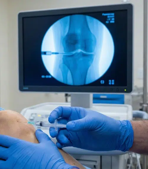 A medical professional using live video fluoroscopy to guide a regenerative injection precisely into the knee joint.